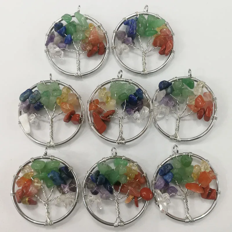 

Fashion small Rainbow Tree Of Life charm pendant Chakra Reiki Healing Natural Stone for Necklaces Women Jewelry Gift 12pcs/lot