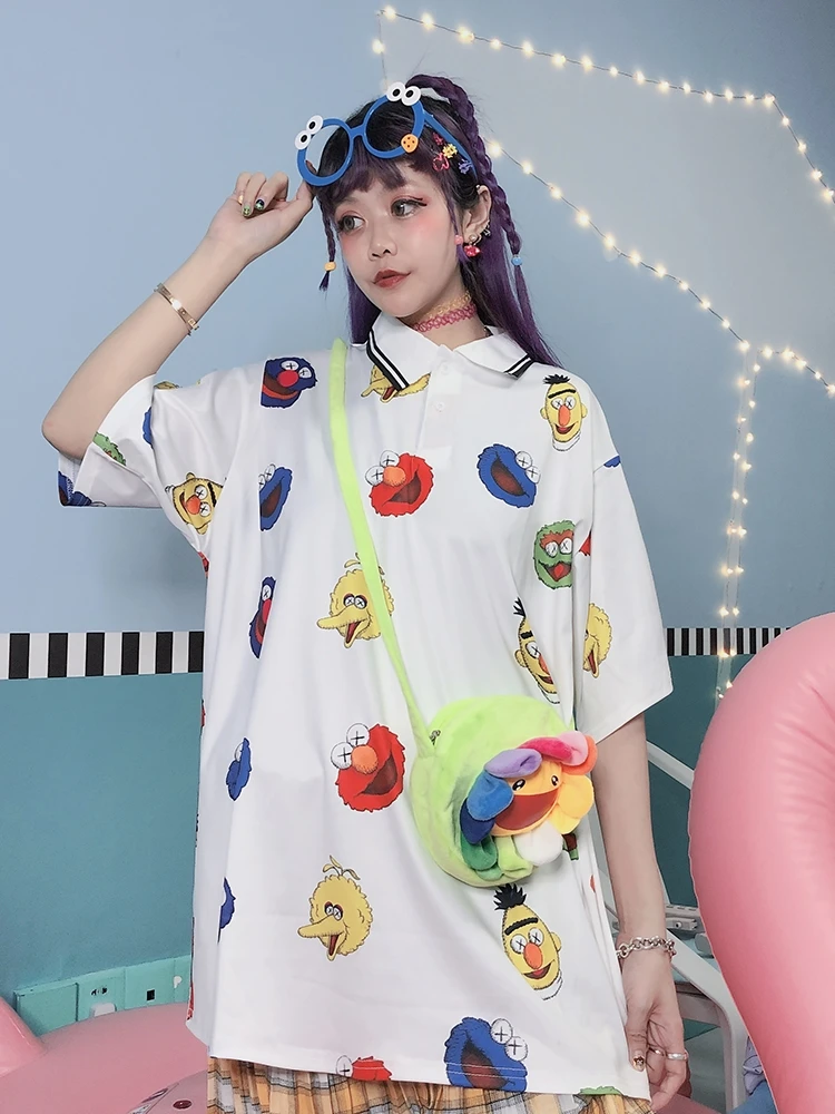 Harajuku милый мультфильм Поло печатных студенческий девушка издание|Футболки-поло|