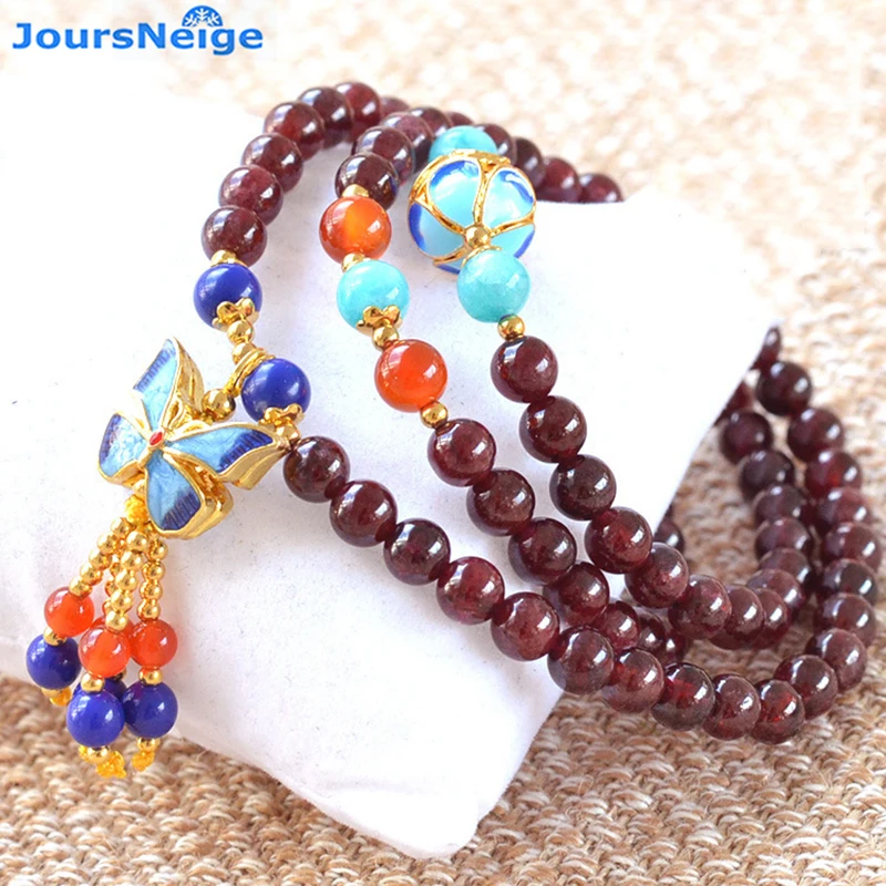 

Natural Garnet Bracelets 5mm Beads with Roasted blue Butterfly Pendant hand string for Women Beauty Bracelet Multilayer Jewelry