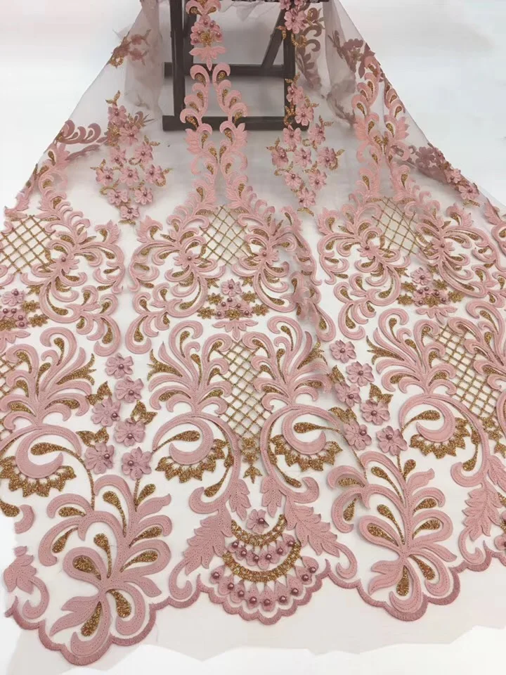 

Pink Latest 3D Tulle Lace Fabric High Quality French Lace Fabric Wholesale French net lace With Beads RF73