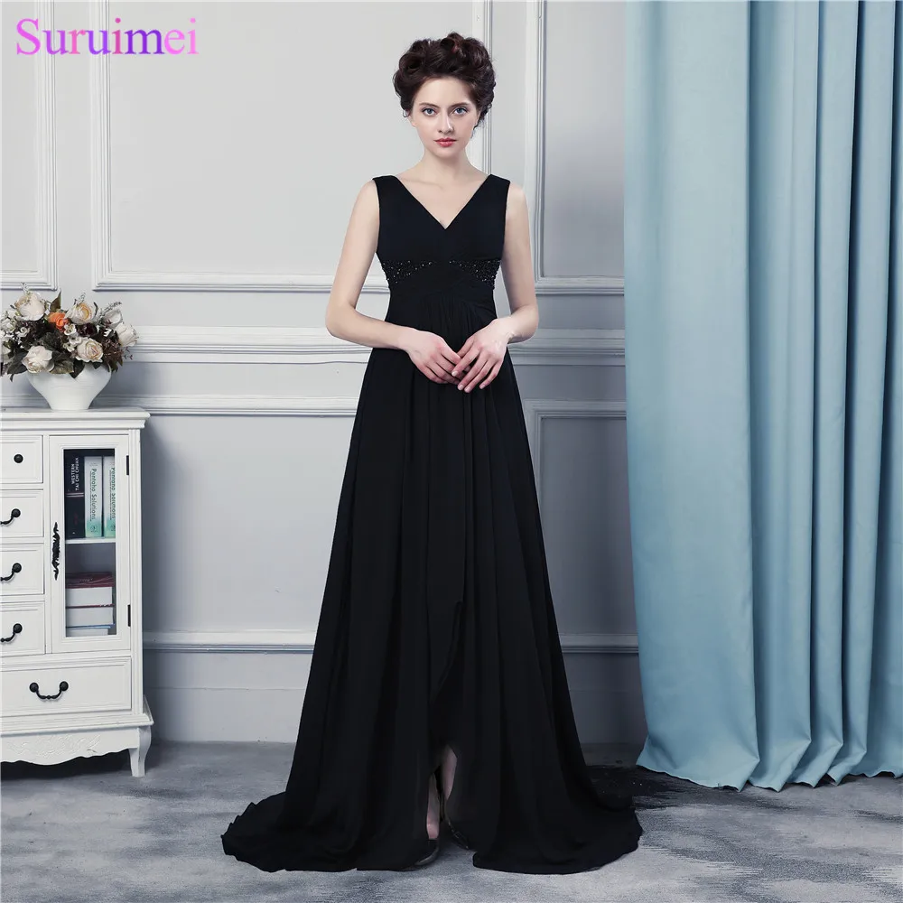 

Black Chiffon Evening Dresses V Neck With Spaghetti Straps Beaded Long Formal Evening Gown Prom Dresses
