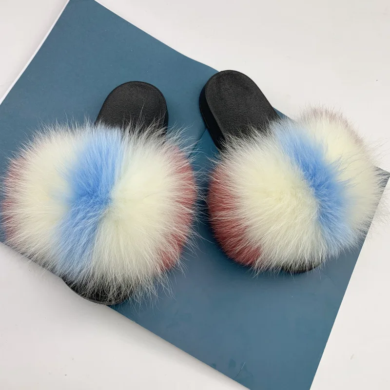 Сланцы женские меховые плюшевые тапки плоская подошва Нескользящие Лисий мех