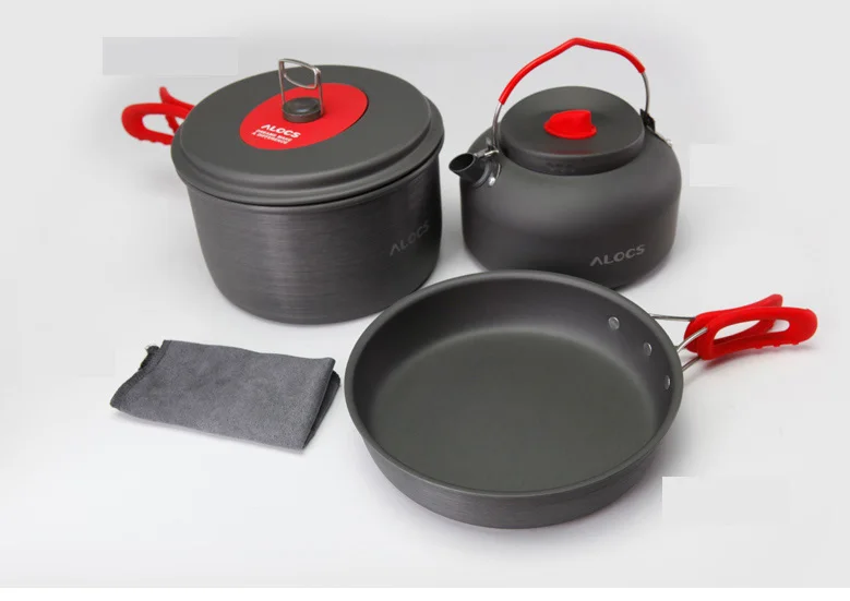 Alocs Portable Ultralight Aluminum Pan Pot Kettle Dishcloth Set Outdoor Non-Stick Camping Hiking tableware set