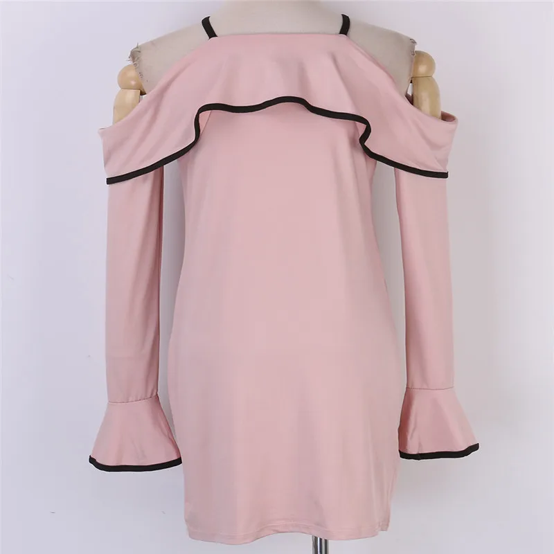 Модное осеннее Розовое женское облегающее платье с открытыми плечами и длинным