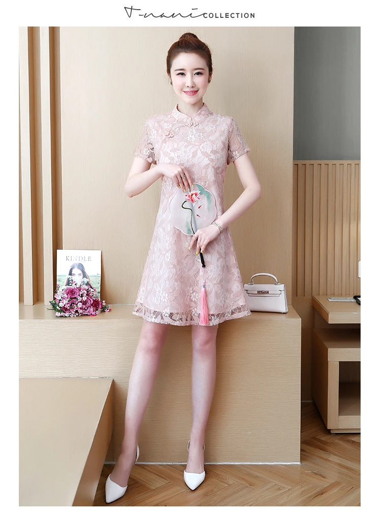 womens woman ladies summer cheongsam cute lace big plus size M-5XL XXL XXXL 3XL XXXXL 4XL 5XL loose Casual blouse dress
