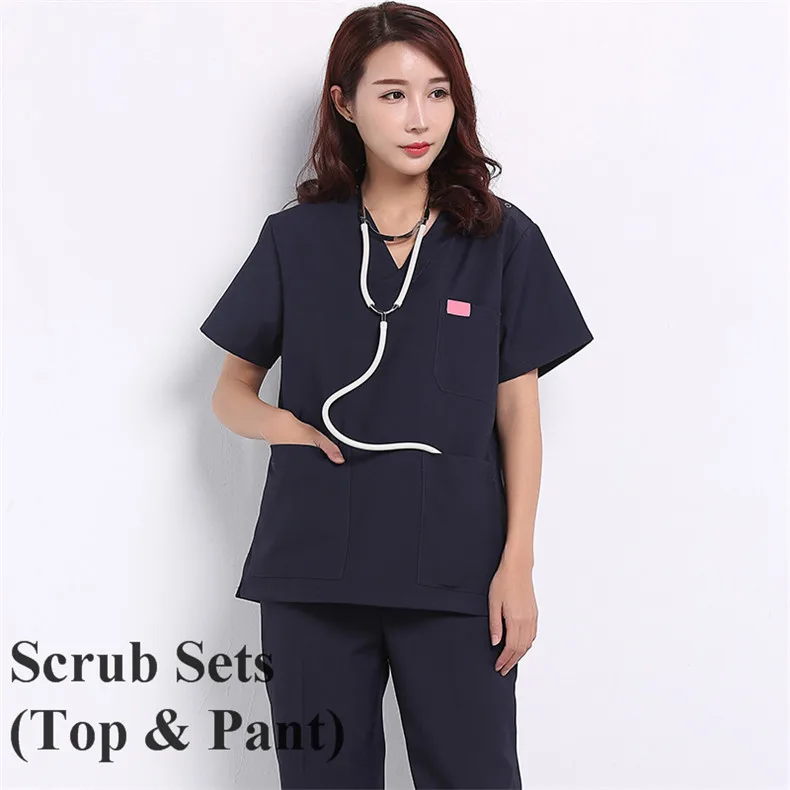 Dark Navy Blue Летние Для женщин медицинские скрабы хирургический Костюм Доктор Медсестра скрабы медицинская одежда V шеи топ и брюки хирургического скрабы комплекты - Цвет: Dark Navy Blue