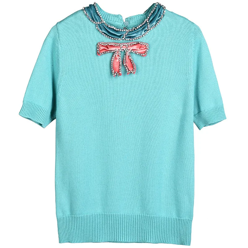 2019 летняя Роскошная футболка с круглым вырезом и бантом украшенная бусинами