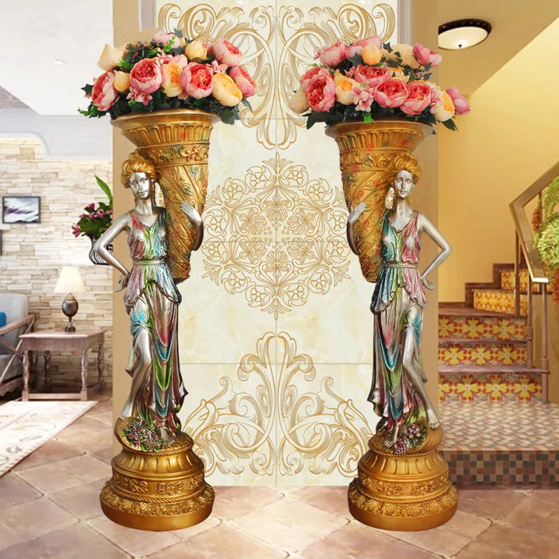 

High Quality Elegant Lady Holding Bouquet Statue Vase Ornament Living Room Hotel European Modern Decoration