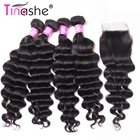 Tinashe волосы свободные глубокая волна с закрытием Remy человеческие волосы волна 4 пучка с закрытием бразильские волосы плетение пучки с закрытием