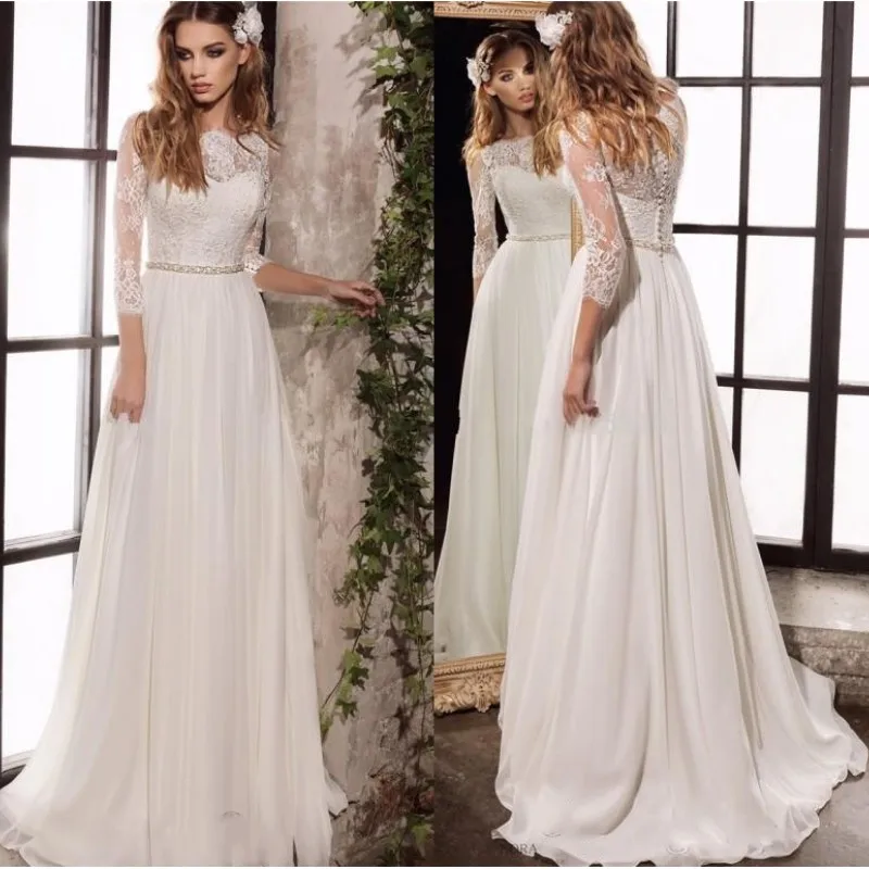 

Elegant Beach Wedding Dresses Lace Top Bateau Chiffon Bohemian Wedding Dress with 3/4 Long Sleeves Bridal Gowns
