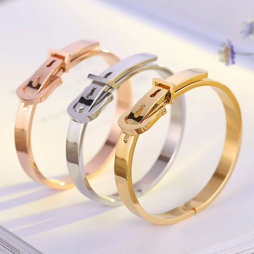 

Top Quality Buckle Belt Rose Gold famous brand Jewelry Cuff Bangles 316L Stainless Steel Bracelets For Women