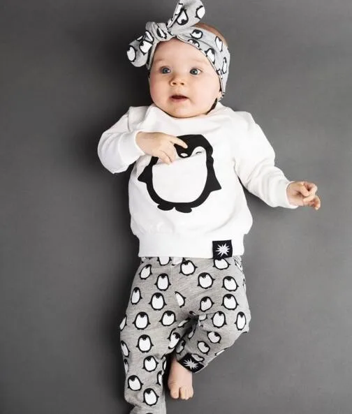

Baby Girl Clothing Sets Baby Girl Clothes Cotton Penguin Long Sleeves T-shirt+Pants+Headband Infant Clothes 3PCS Suit DS19