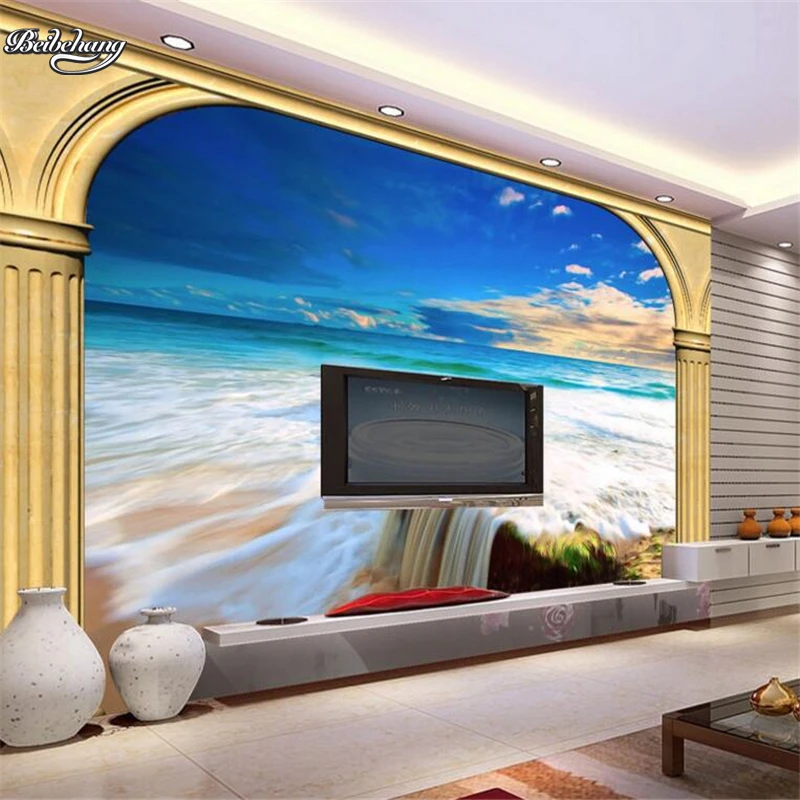 

beibehang 3D Roman column sea view TV backdrop large custom wallpaper nonwovens environmental wallpaper papel de parede