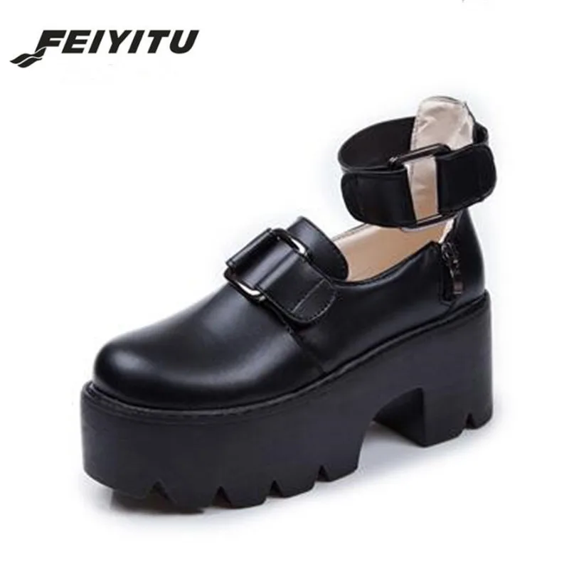 FeiYiTu весна осень 2018 японская обувь в стиле Харадзюку панк черные туфли на высокой