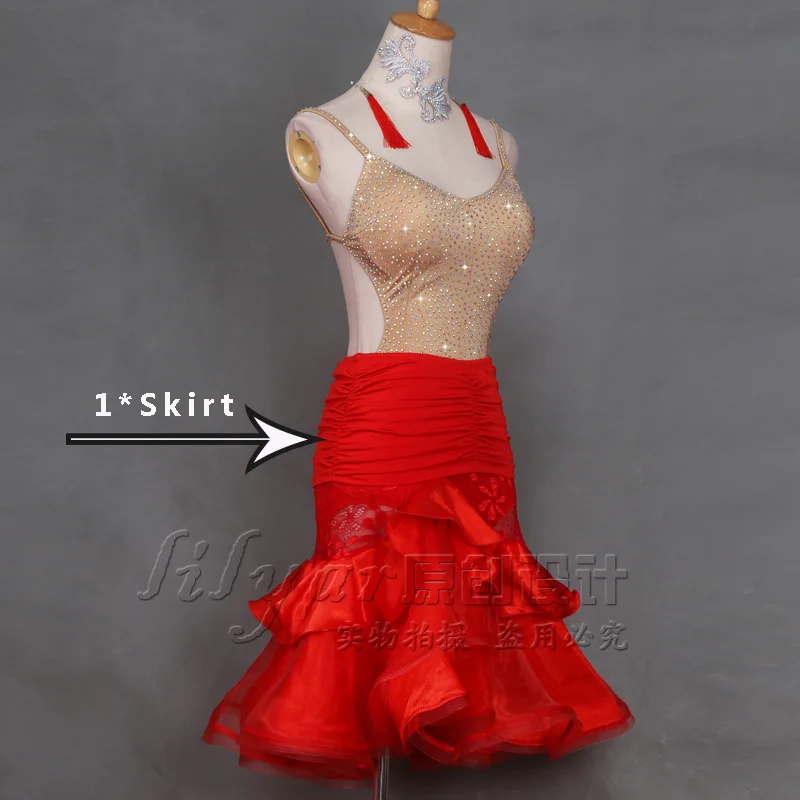 Skirt Костюмы для латинских танцев для женщин, 2 шт, сексуальные Стразы, топ+ красная кружевная юбка, Falda Flecos, сценическое платье для латинских танцев VDB155 - Цвет: Skirt