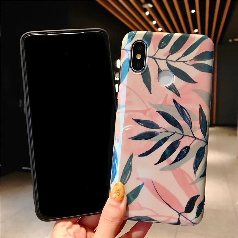 Redmi Note7 Pro Luxury Phone Case Green Pink Leaves ins Hot Style Mobile Cover For xiaom mi 8 A2 9SE redimi note 7 Couqe |