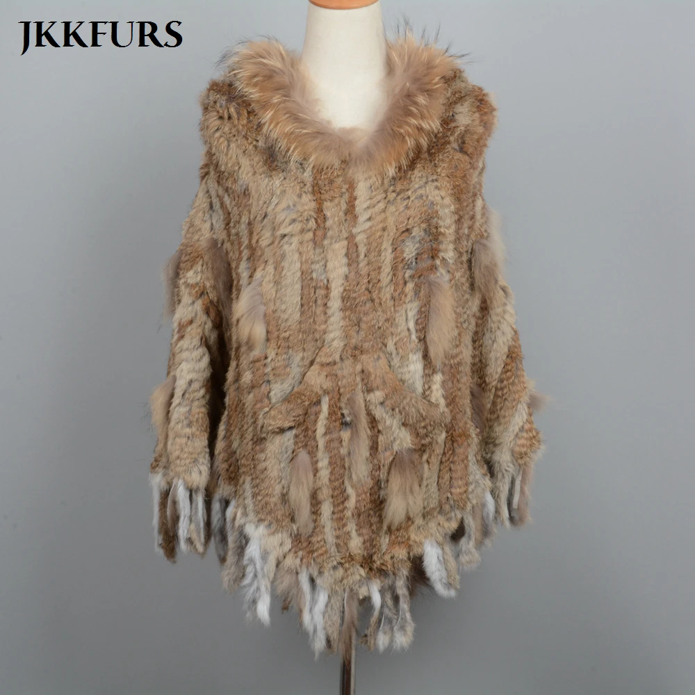 JKKFURS пончо из натурального кроличьего меха женский воротник енота накидки с