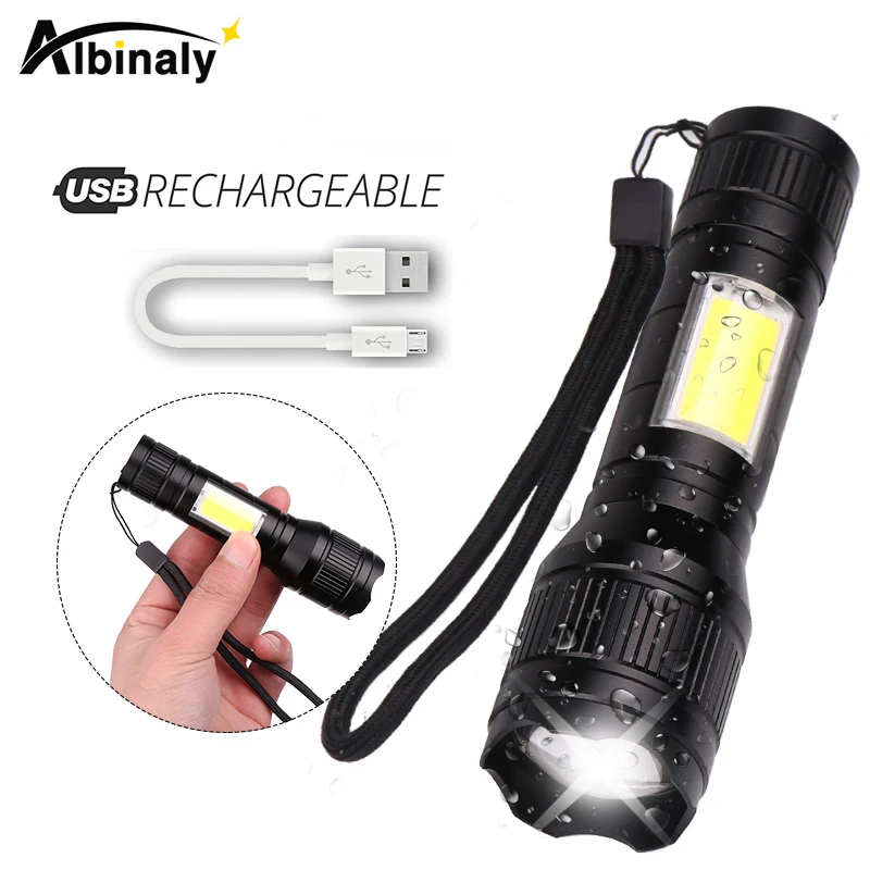 Водонепроницаемый перезаряжаемый светодиодный фонарик T6 + COB 3 режима освещения