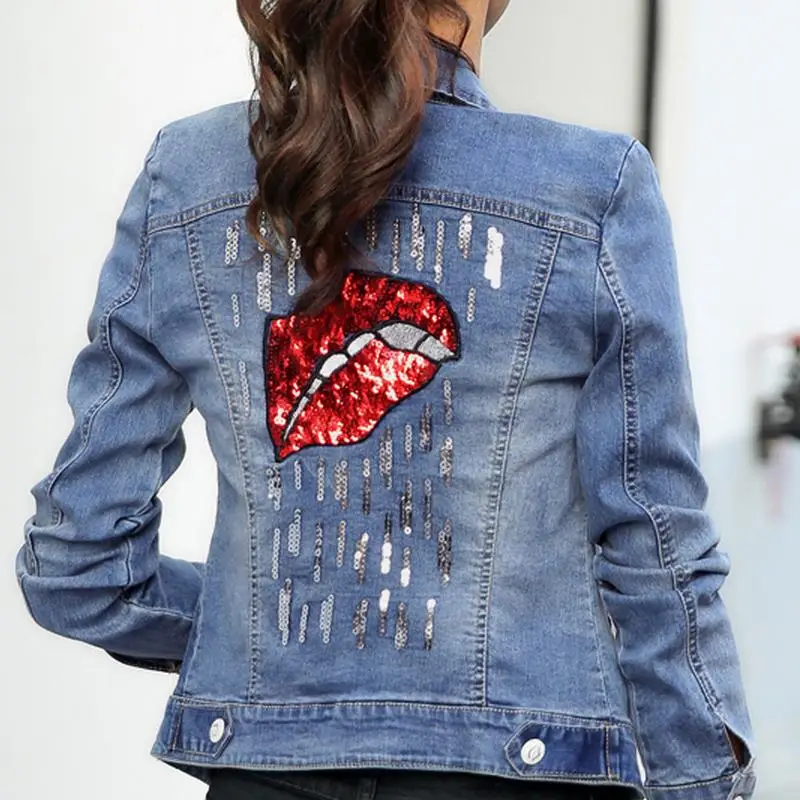 

Denim Jacket Women Embroidered Oversize Jeans Jackets lips Sequins Coat