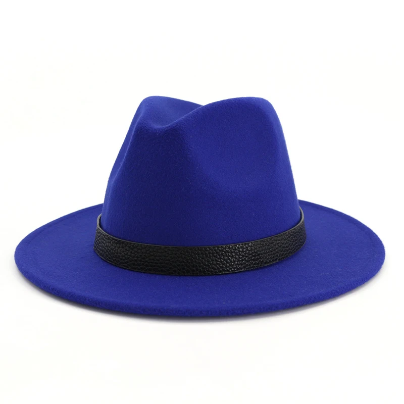 Royalblue QIUBOSS Осень Зима Классическая Женская Мужская войлочная одежда шапки со шнурками лента плоская с мягкими полями женская шляпа в форме колпака Chapeau искусственная шерсть Панама - Цвет: Royalblue