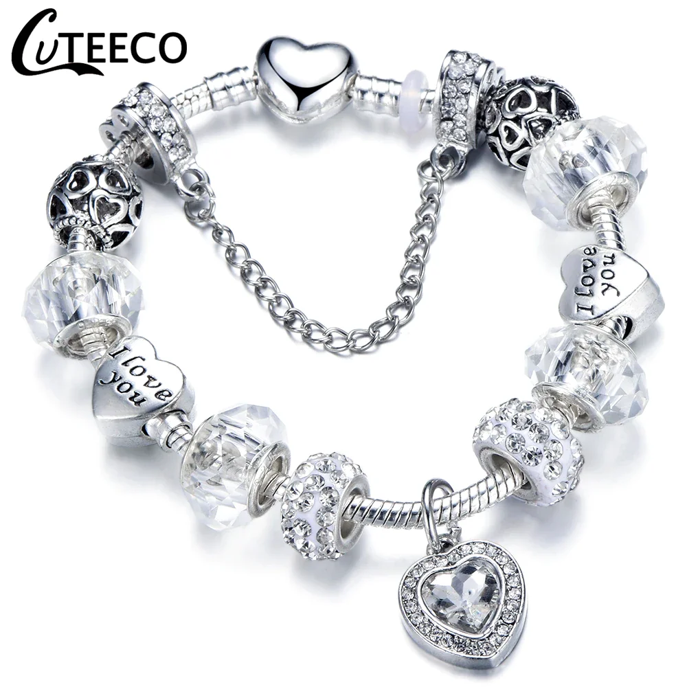 CUTEECO 925, модный серебряный браслет с шармами, браслет для женщин, Хрустальный цветок, сказочный шарик, подходит для брендовых браслетов, ювелирные изделия, браслеты