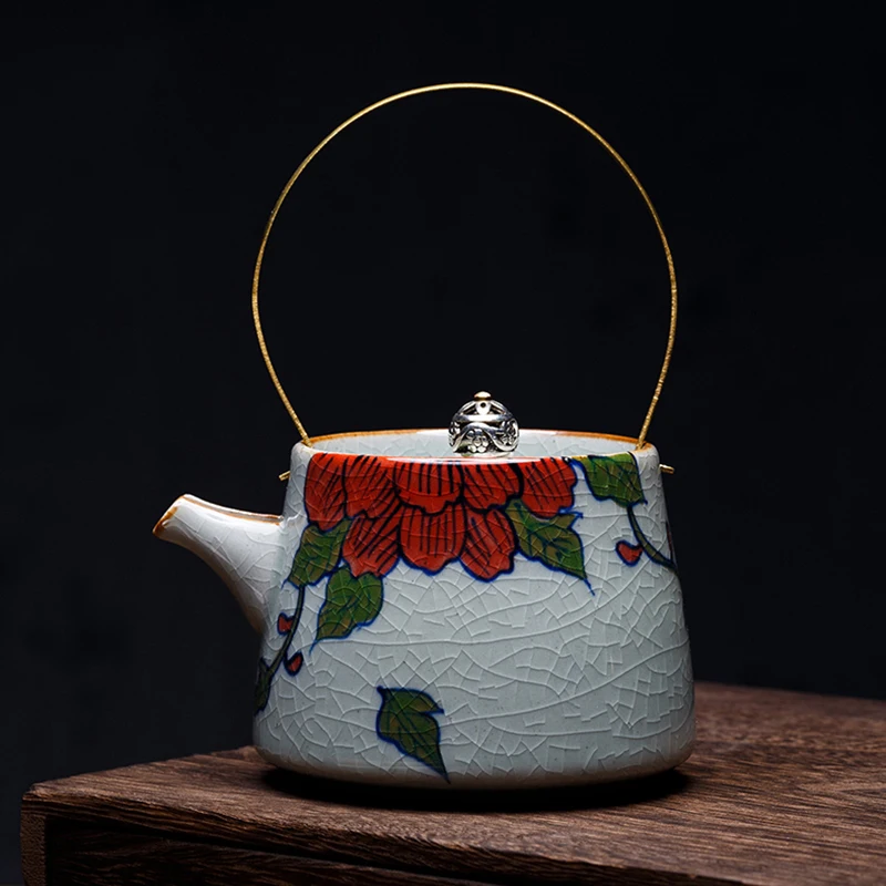 

200ml Vintage Crackle Glaze Hand Painted Peony Teapot Crossbeam Pot Jingdezhen Ceramic Kung Fu Tea Set Creative Porcelain Kettle