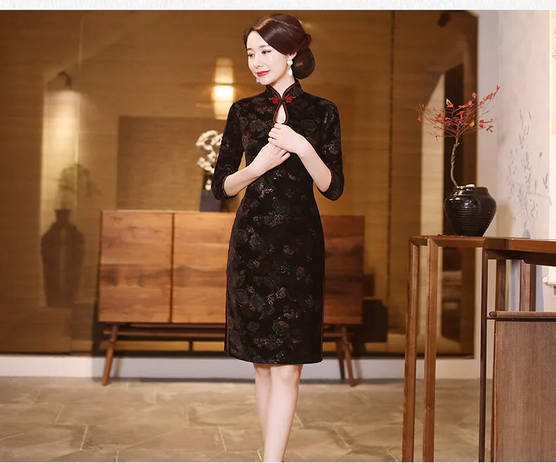 Sheng Coco Восточное бархатное платье Чонсам с китайским принтом Qipao элегантное эластичное бархатное платье-корсет Классический Qipao Китай 4XL