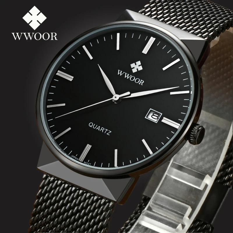 Лидирующий бренд WWOOR мужские деловые черные часы из нержавеющей стали Кварцевые