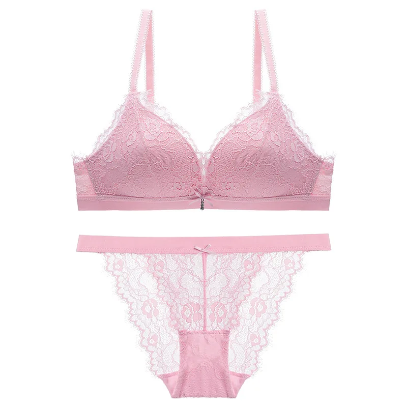 Pink Комплект с бюстгальтером для женщин, без косточек, пуш-ап, женский сексуальный кружевной комплект нижнего белья - Цвет: Pink