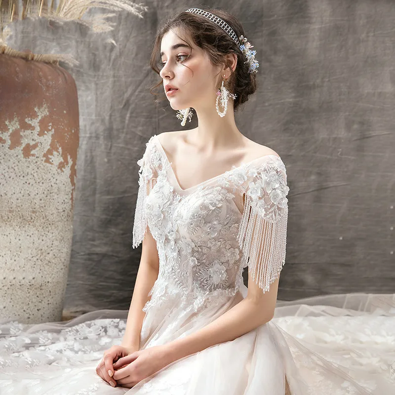 SSYfashion класса люкс с v-образным вырезом с короткими рукавами и кружевами на спине бальное платье развертки Поезд Кружева Свадебное платье на заказ; Большие размеры Vestido De Novia