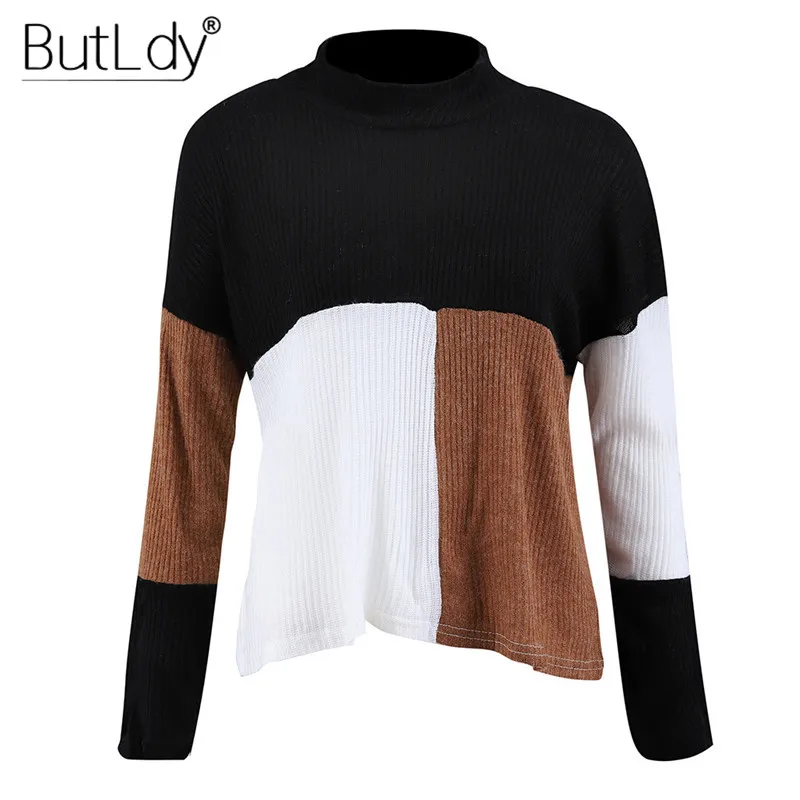 Color Block Patchwork Casual Sweater Women Knitting Pullover Long Sleeve Chic Knitwear Tops Winter Fashion 2018 Jumpers Ladies | Женская