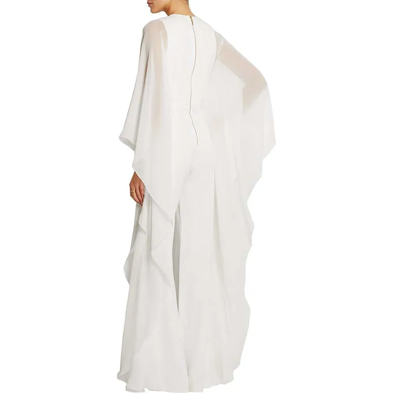 

Fashion Elegant Chiffon Long Rompers Womens Wide Leg Pants Chiffon Twins Pants Ruffles Jumpusuits Party Round Neck Club Office