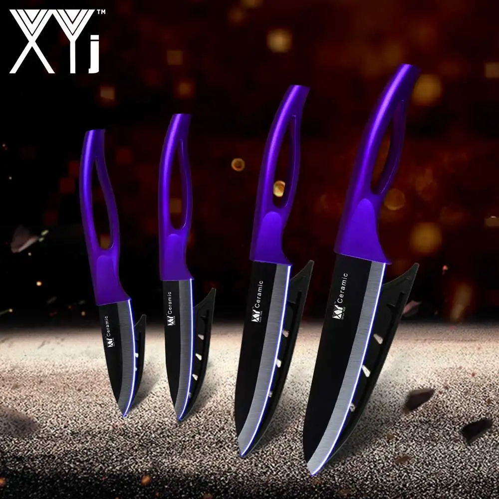 Purple Black XYj кухонные ножи для шеф-повара, набор для приготовления пищи, циркониевый керамический нож " 4" " 6" дюймов, лезвие для очистки овощей, фруктов, резак для приготовления мяса - Цвет: Purple Black