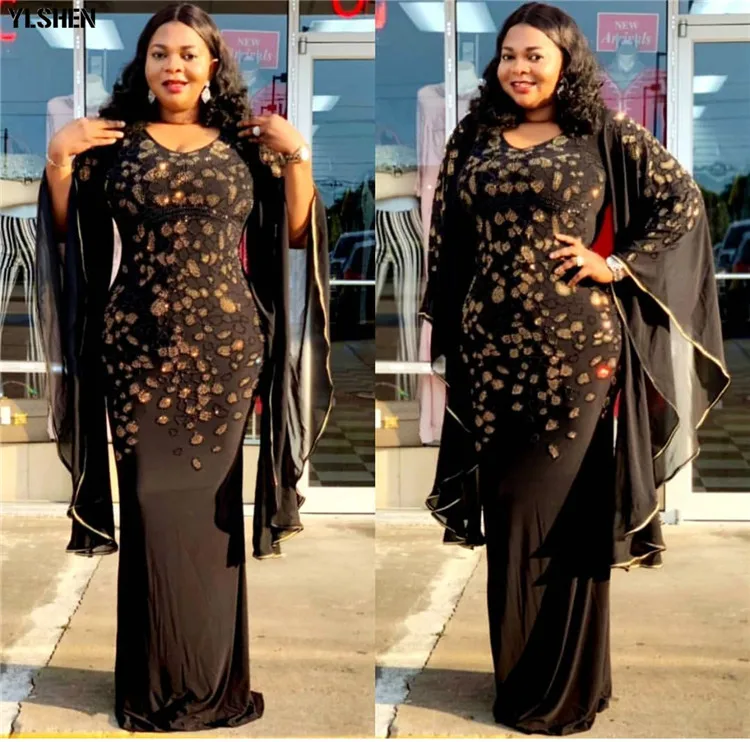 African Dresses for Women Dashiki Clothes Bazin Broder Sexy Slim Ruffle Sleeve Gold Sequin Embroidery Africa Skirt Dress | Тематическая
