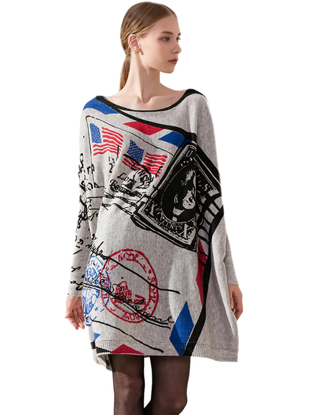 Новинка Женское шерстяное кашемировое платье-свитер с длинным рукавом и принтом