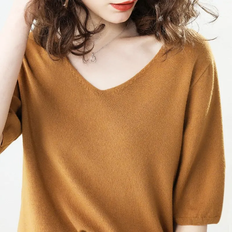 Sale Summer Knitwear Women's Knitted V-neck T-shirt Half Sleeve Thin Pullover Basic High-end Stretch Yarn Fabric Women Knit-Tee | Женская