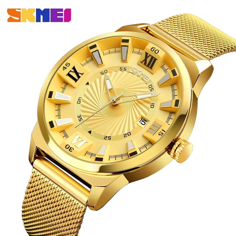 SKMEI Business Mens Watches Top Brand Luxury Watch Men Gold Stainless Steel Strap Quartz Wristwatches relogio masculino 9166