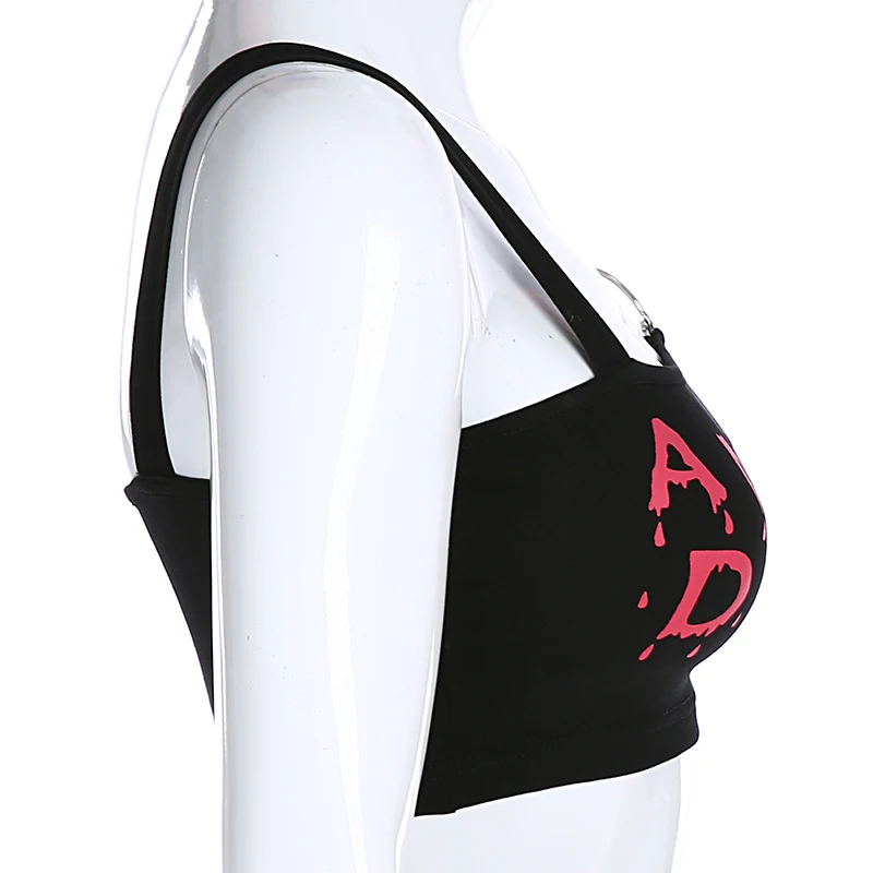 Weekeep Letter Print Metal Chain Tank Top Women Cropped Black Streetwear Crop Top Summer Sexy Crop Tops