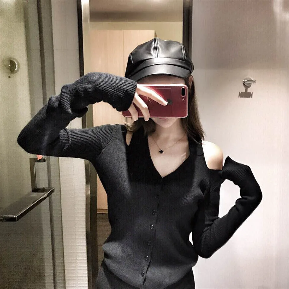 V-neck Off-shoulder knitted sweater women sexy Cardigans female |