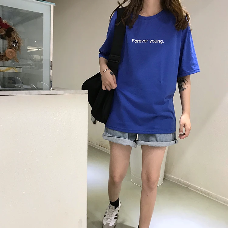 Jielur футболка Женская Harajuku Свободная Повседневная футболка с надписью Forever Young летняя хипстерская Корейская уличная Базовая футболка фиолетовая Синяя