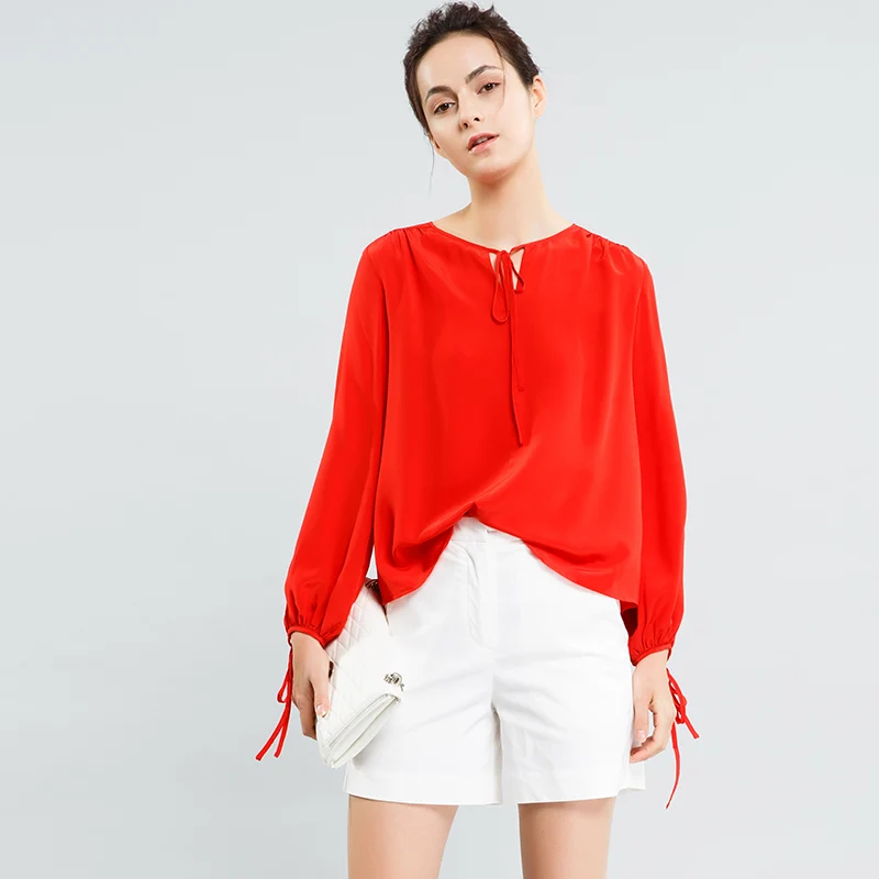 Women's lattern sleeve tie at collar red silk blouse top 2017 summer |