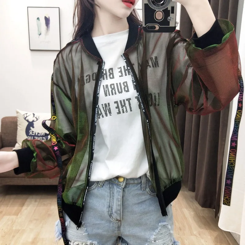 Для женщин сетки Легкая куртка 2018 летние куртки с длинным рукавом молнии ВС