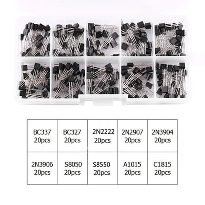 Набор силовых транзисторов x20 NPN PNP с коробкой BC337/BC547/2N2222/S8050 200 шт./компл. 10 типов |