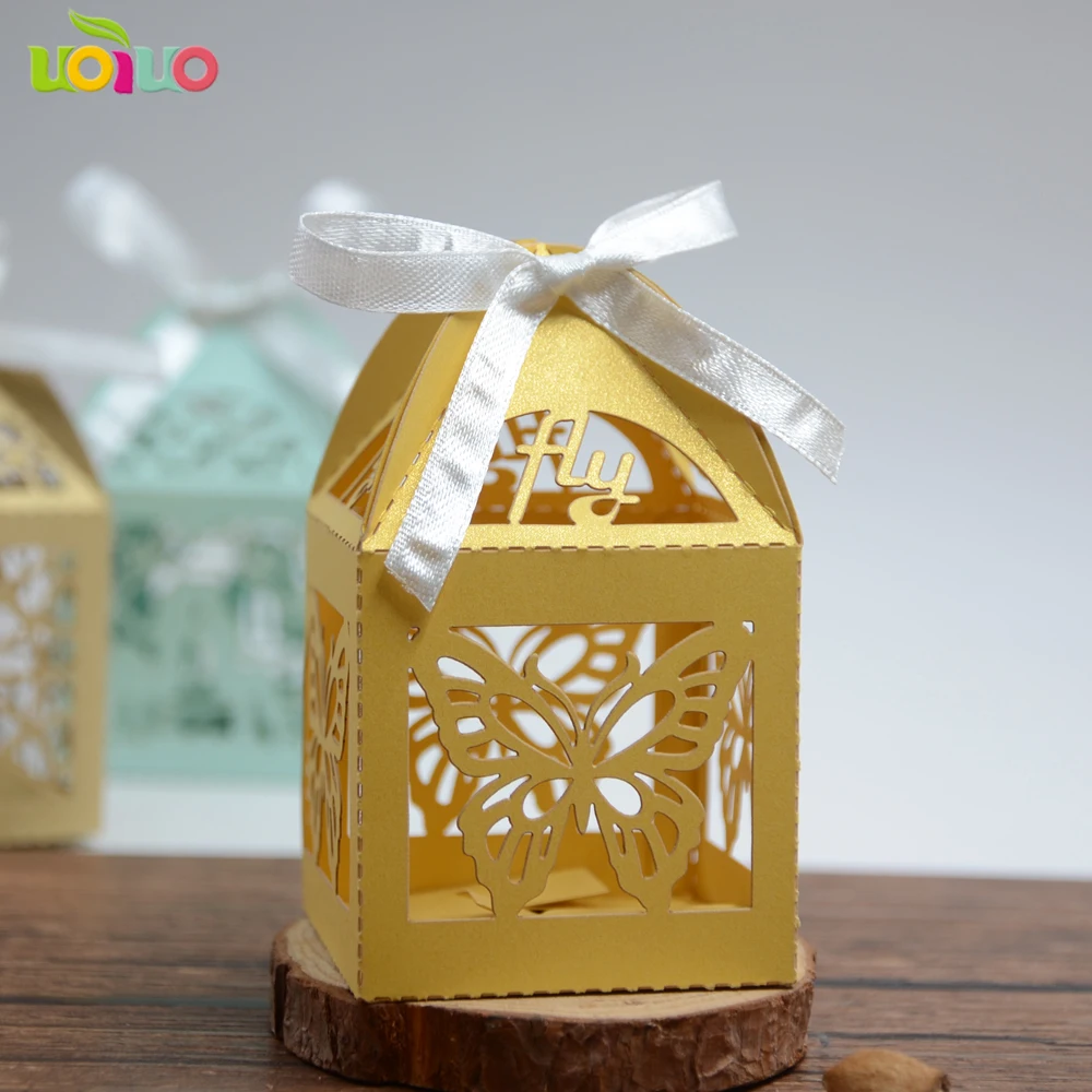 Простая Золотая бумага лазерная резка Бабочка коробки для свадьбы подарки на