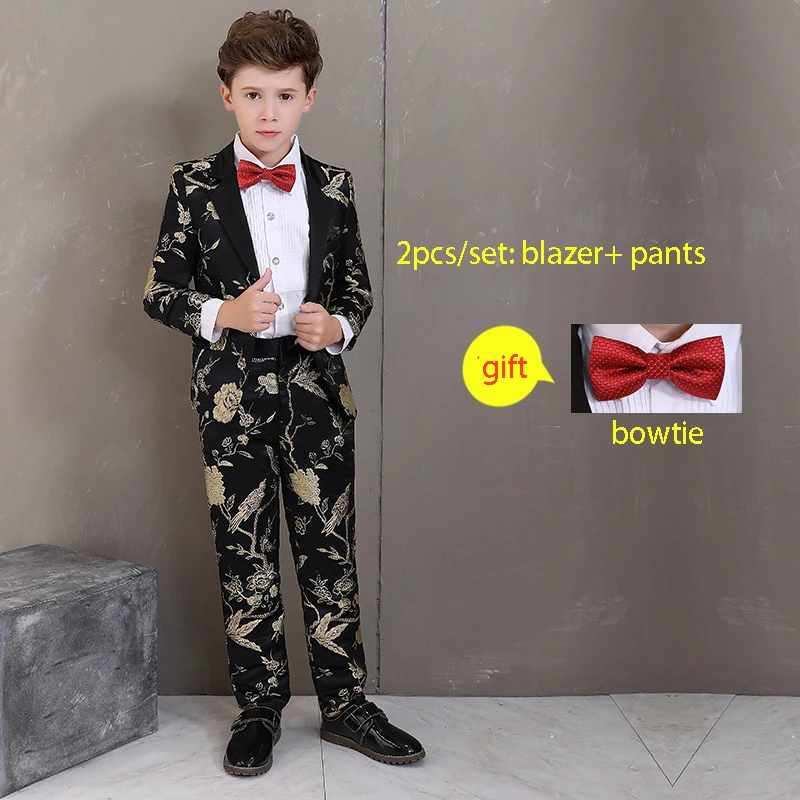 blazer pants 2pcs Нарядный костюм с цветочным узором для мальчиков на свадьбу Детский костюм для выступлений на выпускной детский смокинг+ штаны, одежда с галстуком-бабочкой - Цвет: blazer pants 2pcs