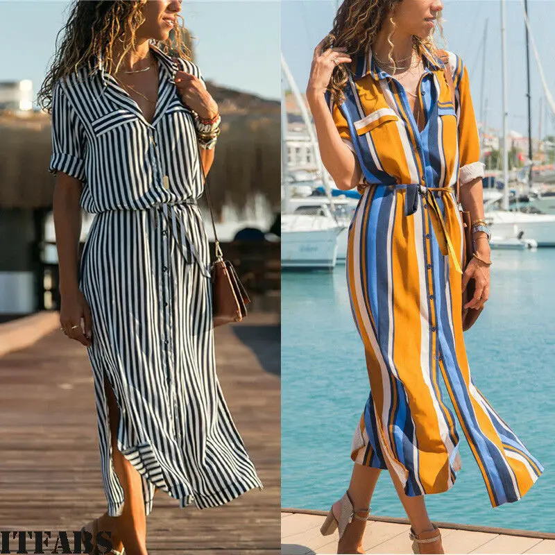 Женское платье в полоску Boho повседневное длинное пляжное Корейском стиле с