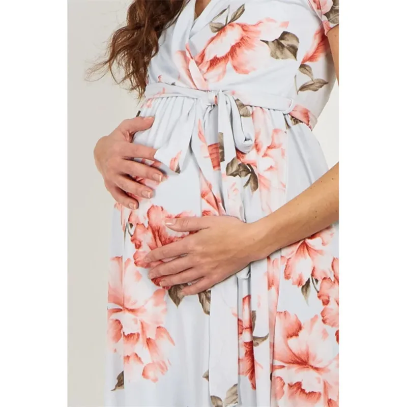 

Sexy V-Neck Printed Round Neck Sleeveless High Waist Maternity Dress Floral Long Length Clothes for Pregnant Women Pregnancy