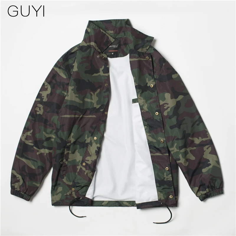 

GUYI Black Camouflage Rash Guards Jackets Men Sunscreen Drawstring Button Rib Outerwear Male Fashion Casual Business Streetwear