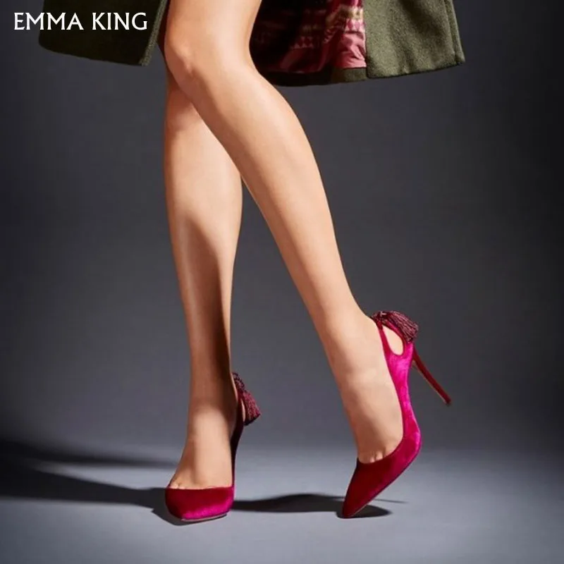 Женские туфли на шпильках с острым носком кисточками большие размеры|Женские