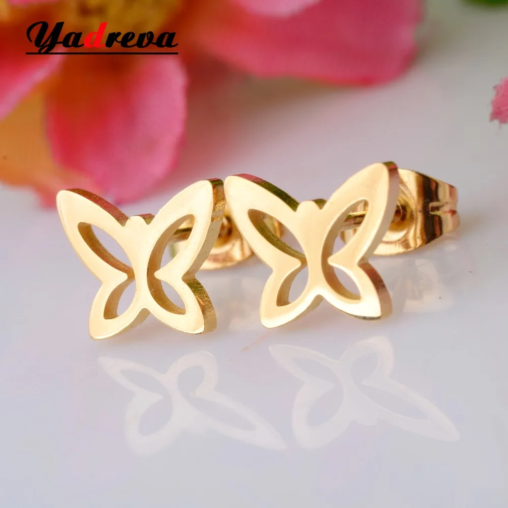Прочные серьги-гвоздики из нержавеющей стали с золотой бабочкой винтажные